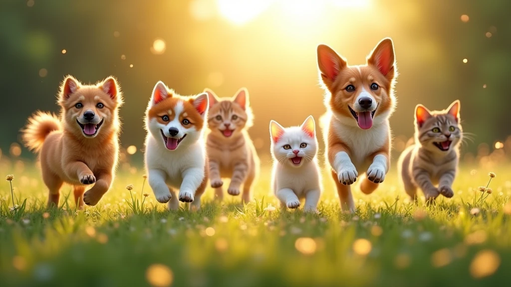 The early morning scene unfolds with the warm glow of the sunrise casting a golden hue over the peaceful meadow. Playful dogs and agile cats can be seen darting through the dew-covered grass, their joyous barks and gentle meows harmonizing in the serene air. The happy companions enjoy their carefree romp, tails wagging and fur glistening in the soft morning light. The scene is a heartwarming display of camaraderie and pure, unbridled happiness as the cats and dogs play together, creating a charming tableau of morning bliss., UHD, masterpiece, accurate, anatomically correct, super detail, high details, high quality, award winning, best quality, highres, HD, 4K