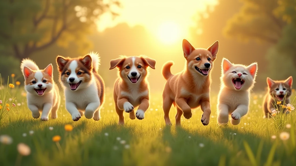 The early morning scene unfolds with the warm glow of the sunrise casting a golden hue over the peaceful meadow. Playful dogs and agile cats can be seen darting through the dew-covered grass, their joyous barks and gentle meows harmonizing in the serene air. The happy companions enjoy their carefree romp, tails wagging and fur glistening in the soft morning light. The scene is a heartwarming display of camaraderie and pure, unbridled happiness as the cats and dogs play together, creating a charming tableau of morning bliss., UHD, masterpiece, accurate, anatomically correct, super detail, high details, high quality, award winning, best quality, highres, HD, 4K
