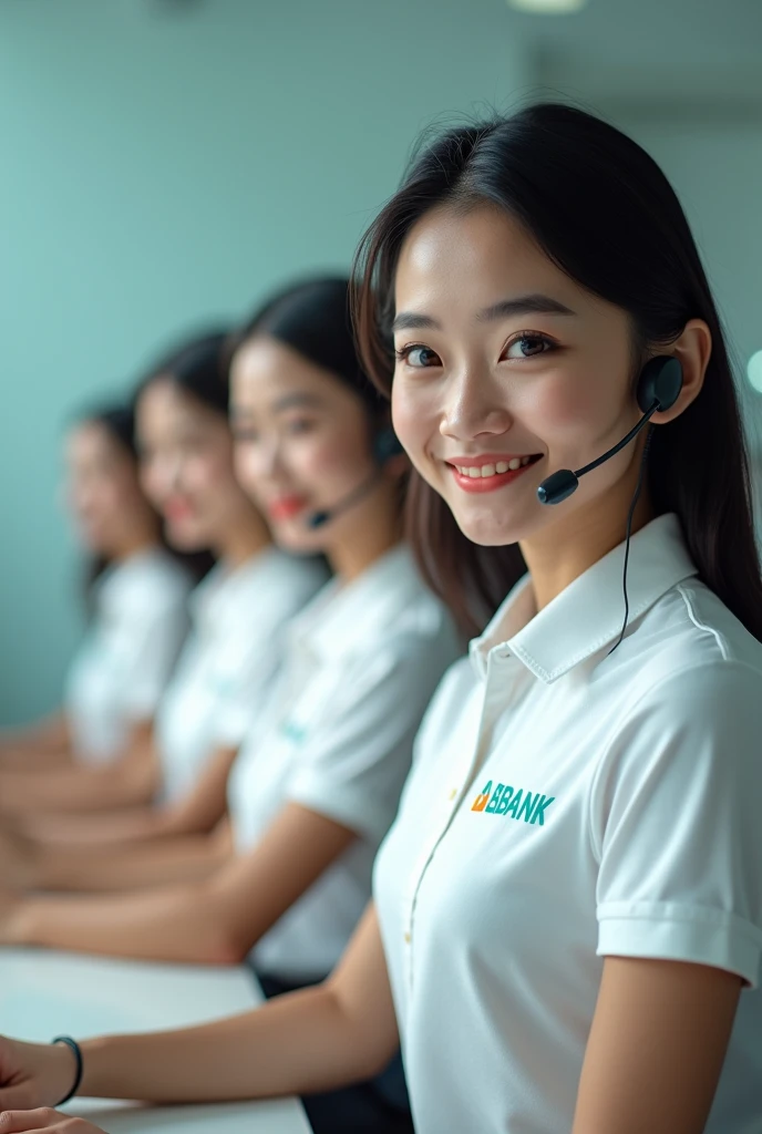 Four very young vietnamese women are calling customer via softphone. They wear white polo shirt uniform with a hint of turquoise and a very small amount of orange. On the chest they just write abbank in capital turquoise only, without the logo.