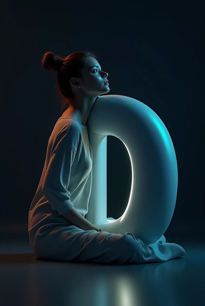 The background should be m dark gradient to keep the focus on the letter and the person. Ensure that the lighting gives m soft glow to the edges of the 3D letter and casts subtle shadows to add depth