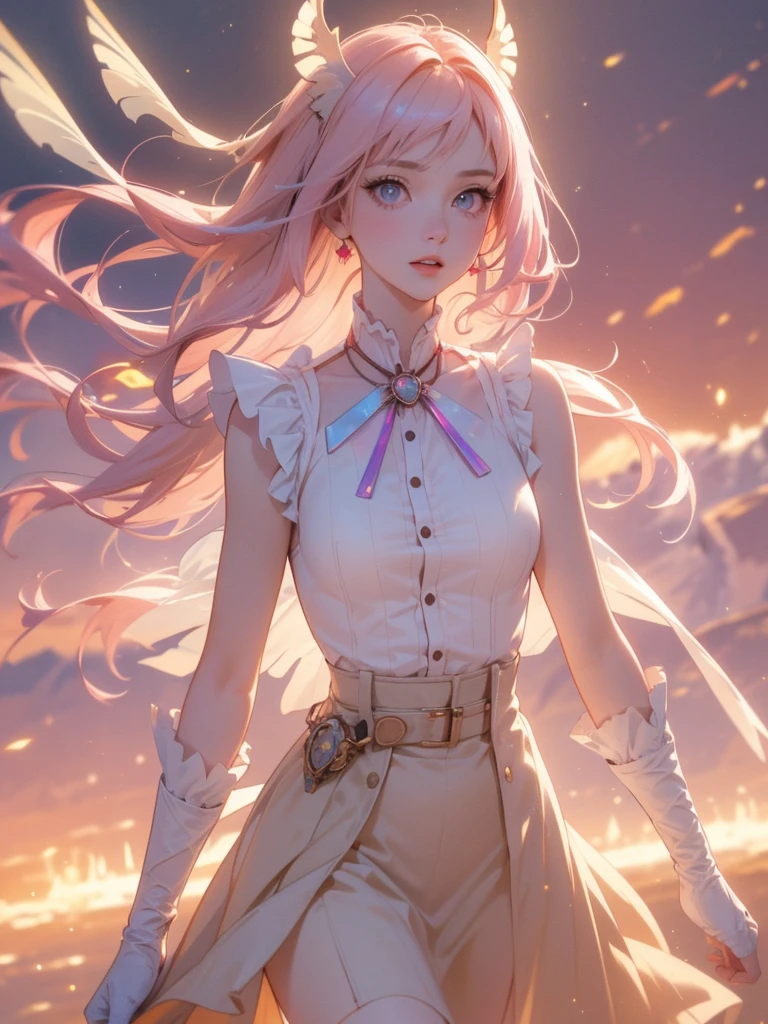 20 years old, with short pink hair just below the shoulders, pale pink eyes, and an expression that is serious yet happy. She dresses in an antique style, wearing a long light brown skirt, a sleeveless white blouse with a vertical red line down the center on the buttons, brown gloves, and high boots with many straps. Her weapons are hundreds of needles connected by thread. 8k, high quality, full body, (ultra-realistic), {extremely detailed 8k CG unit wallpaper}, expansive landscape photograph, (light: 2.0), (warm light source: 1.5), complex details, (iridescent colors: 1.5), (bright lighting), (atmospheric lighting), surreal, impressive, fantasy, (Solo: 1.2)