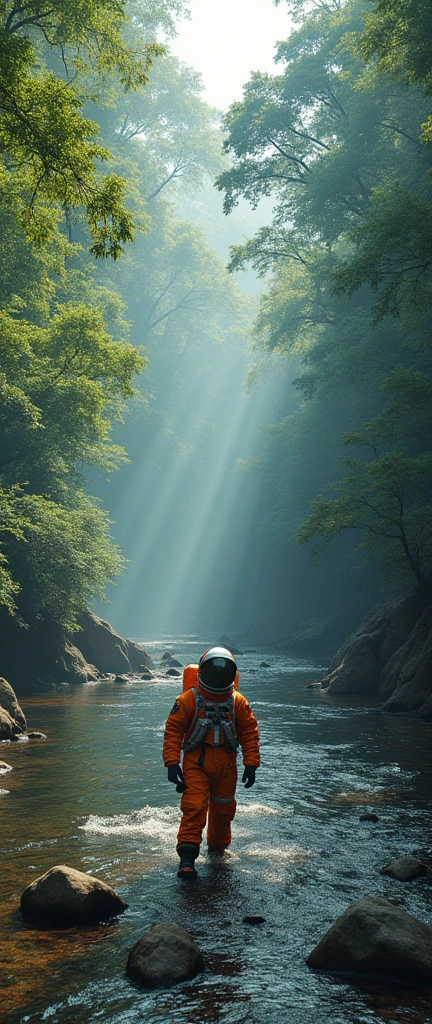 (masterpiece:1.2,of the highest quality,Super detailed,realist,Ultra high resolution camera),8k,Wallpaper,(NASA astronaut in orange suit walks in river with forest on side),(pandora forest and river :2.0),(pandora forest, virgin forest and a river 2.0), Landscape painting,dynamic