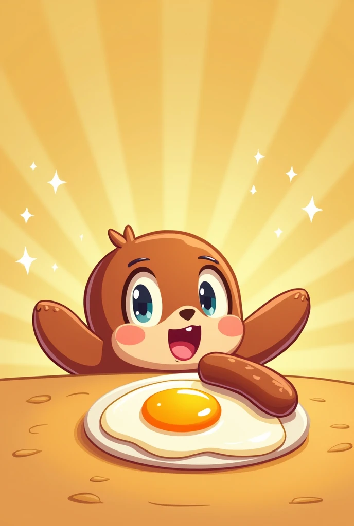 アニメ, cartoon rendering, illustration,2d, Arte digital 2d,Thin contour lines,, sharp illustrations,break,Happy scene,Sparkling fried egg,fried egg, sausage, eyes sparkling at the sight of fried egg, drool, happy face, cute,