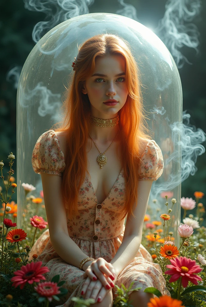 A 20 year old Russian girl with long, straight red hair, floral dress, wearing a gold pendant necklace,sitting in a crystal glass box, written name"ANI DMEZ......"
,decorated with various flowers, colorful smoke, best quality, extra glowing.