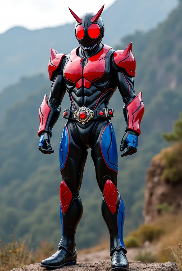 Realistic kamen rider in real life with full body armor. Full coated body armor. Colour red, blue and black. Front, back and side angle. And normal size eyes google.