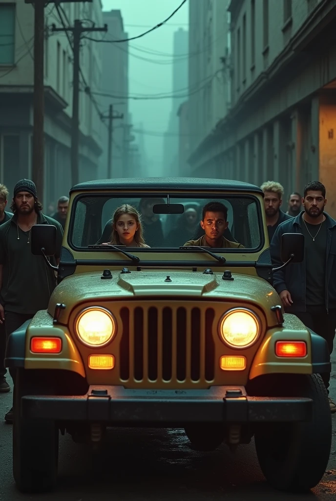 Generate me an image of a girl with her boyfriend in a jeep car with gang members
around