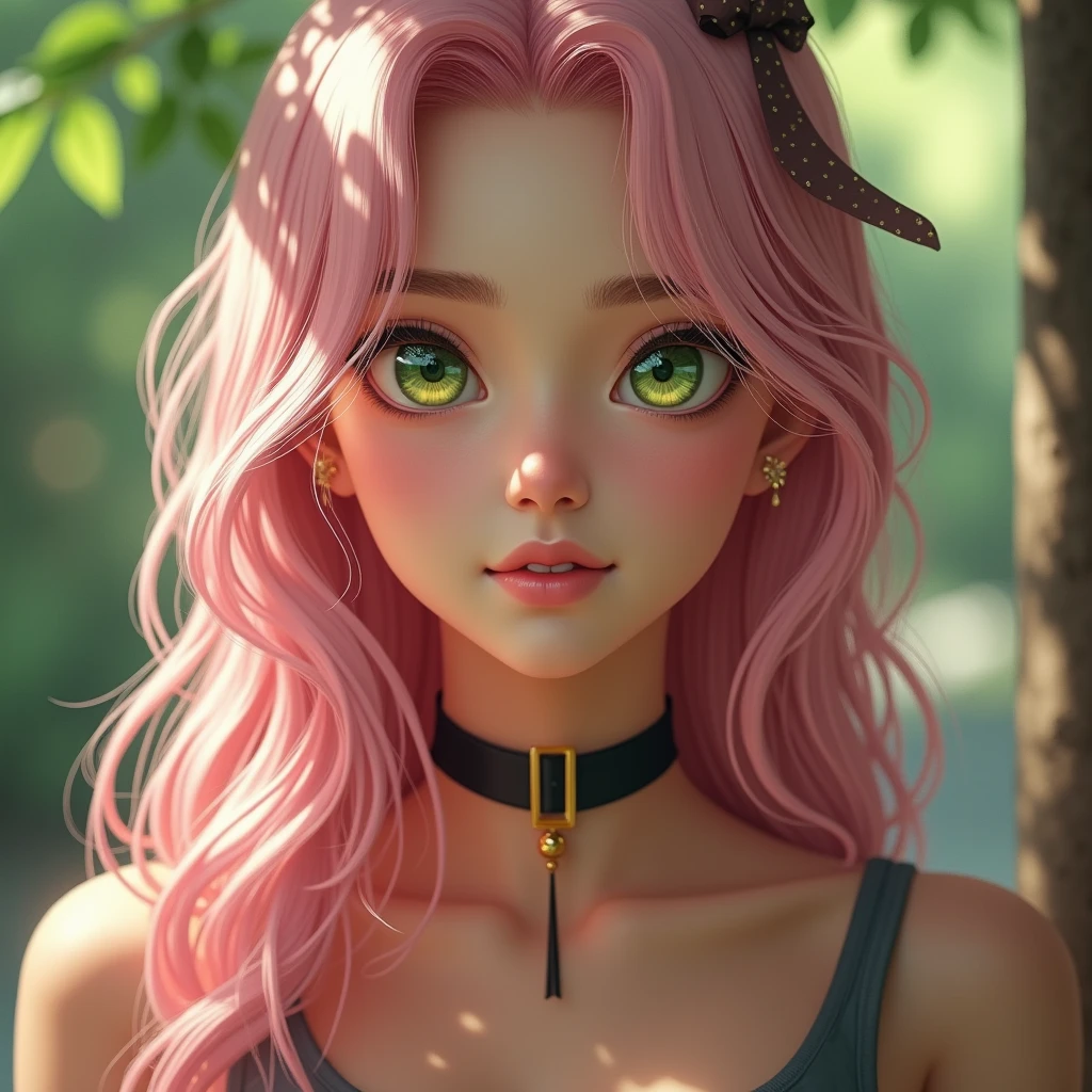 a close-up portrait of a young woman with long, flowing pastel pink hair and striking green eyes, exuding a sense of warmth and allure. She is wearing a simple gray tank top, accentuated by a black choker around her neck. The lighting is soft and natural, casting gentle highlights on her hair and face, while creating subtle shadows that enhance her features. Her expression is inviting and slightly playful, with a hint of blush on her cheeks, adding to the overall charm. The background is softly blurred, suggesting an outdoor setting with dappled sunlight filtering through, contributing to the intimate and vibrant atmosphere of the scene. The composition captures a moment of connection, drawing the viewer into her captivating gaze.
