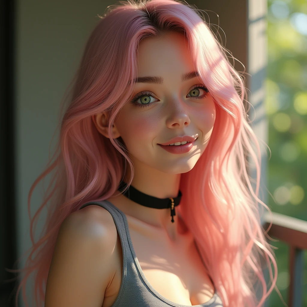 a close-up portrait of a young woman with long, flowing pastel pink hair and striking green eyes, exuding a sense of warmth and allure. She is wearing a simple gray tank top, accentuated by a black choker around her neck. The lighting is soft and natural, casting gentle highlights on her hair and face, while creating subtle shadows that enhance her features. Her expression is inviting and slightly playful, with a hint of blush on her cheeks, adding to the overall charm. The background is softly blurred, suggesting an outdoor setting with dappled sunlight filtering through, contributing to the intimate and vibrant atmosphere of the scene. The composition captures a moment of connection, drawing the viewer into her captivating gaze.