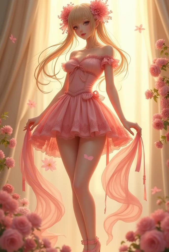 Ultra high quality,Long legs,cute,Sunlight,Off-shoulder,Wear flowers on your head,charming,Ribbon,Pink miniskirt,Flowers on skirt,High heel,whole body