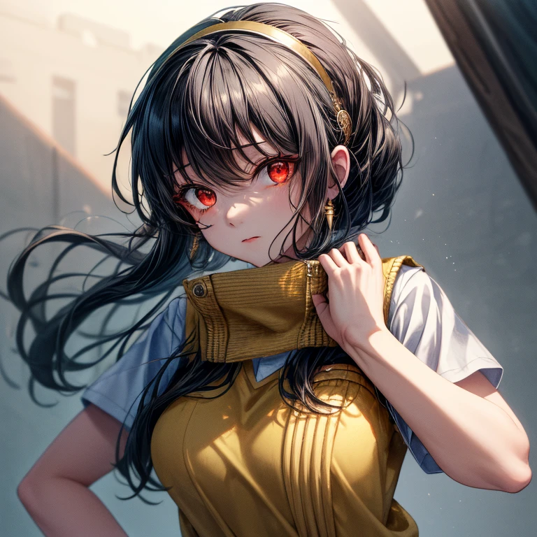 Ajof, side locks, golden hairband, hair adornments, ((Red eyes:1.5)), gold earring, Large breasts,((black hair:1.5)), BREAK (otonokizaka , pleated skirt, , short sleeves, skirt, summer uniform, sweater vest, yellow sweater vest:1.5), BREAK looking at viewer, closed mouth, standing, front view ,(background gradient:1.2) ,nsfw,
BREAK (masterpiece:1.2), best quality, high resolution, unity 8k wallpaper, (illustration:0.8), (beautiful detailed eyes:1.6), extremely detailed face, perfect lighting, extremely detailed CG, (perfect hands, perfect anatomy),