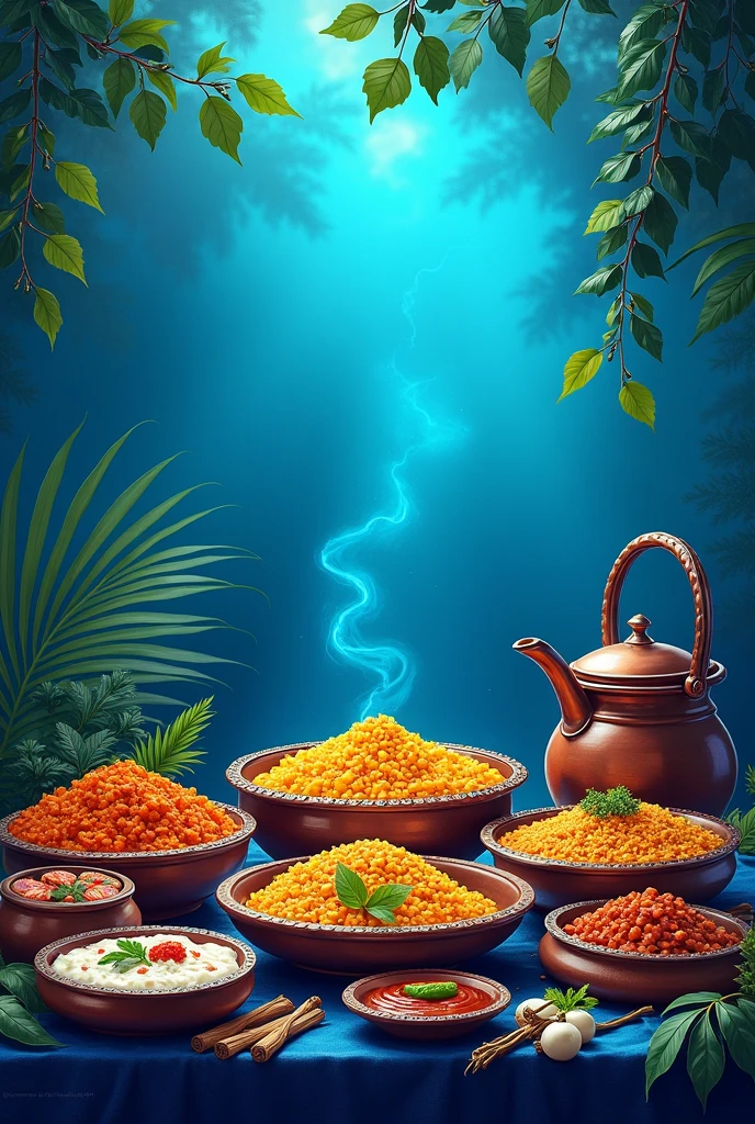 Make me a poster backgroud which theams keralian food and also a blue theam should be in the background