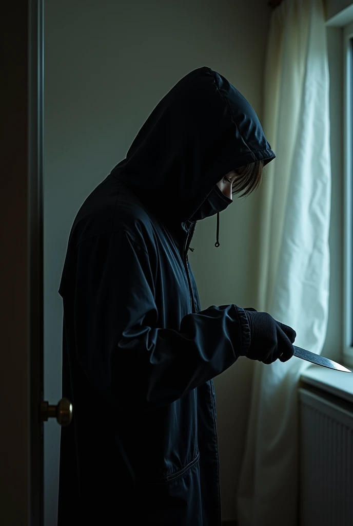 korean girl, (behind stiff, holding knife), stabbing, black surgical mask, black gloves, night forest, night, black raincoat, hood up, holding knife, black gloves, 20 years old, woman on top, behind cadaver, blood splatter, bed room, mass murderer, killer, blood splatter, by the window