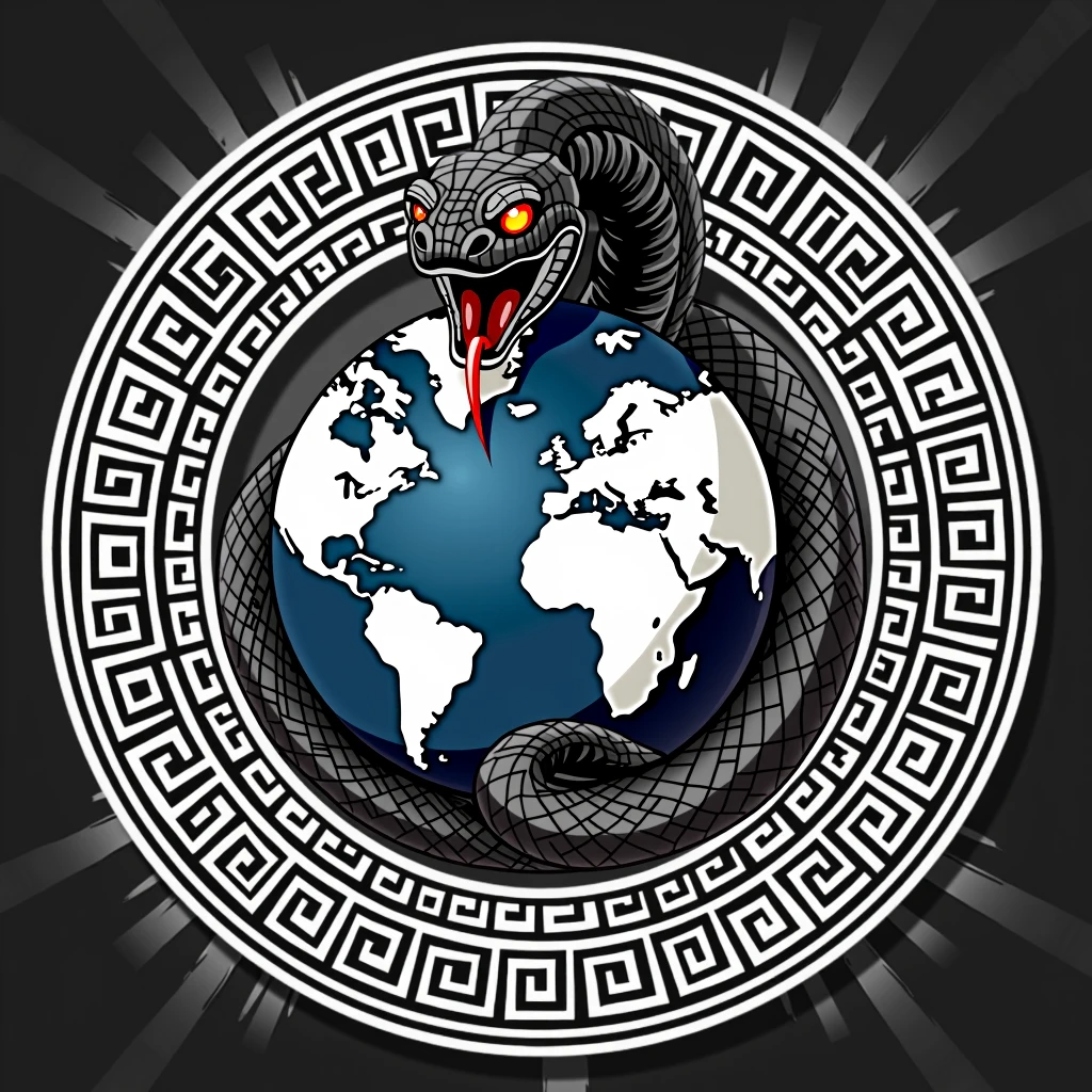 planet earth inside a greek style circle, black mamba snake wrapped in it looking towards the camera with its mouth open in attack. red eyes