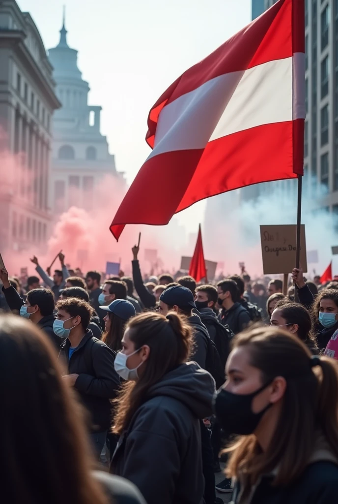 Students and the public wearing masks are holding a large demonstration"while carrying a sign saying "Reject the Bill" and while carrying a red and white flag and the situation was full of smoke and tear gas. And the students carried signs saying REJECT THE BILL