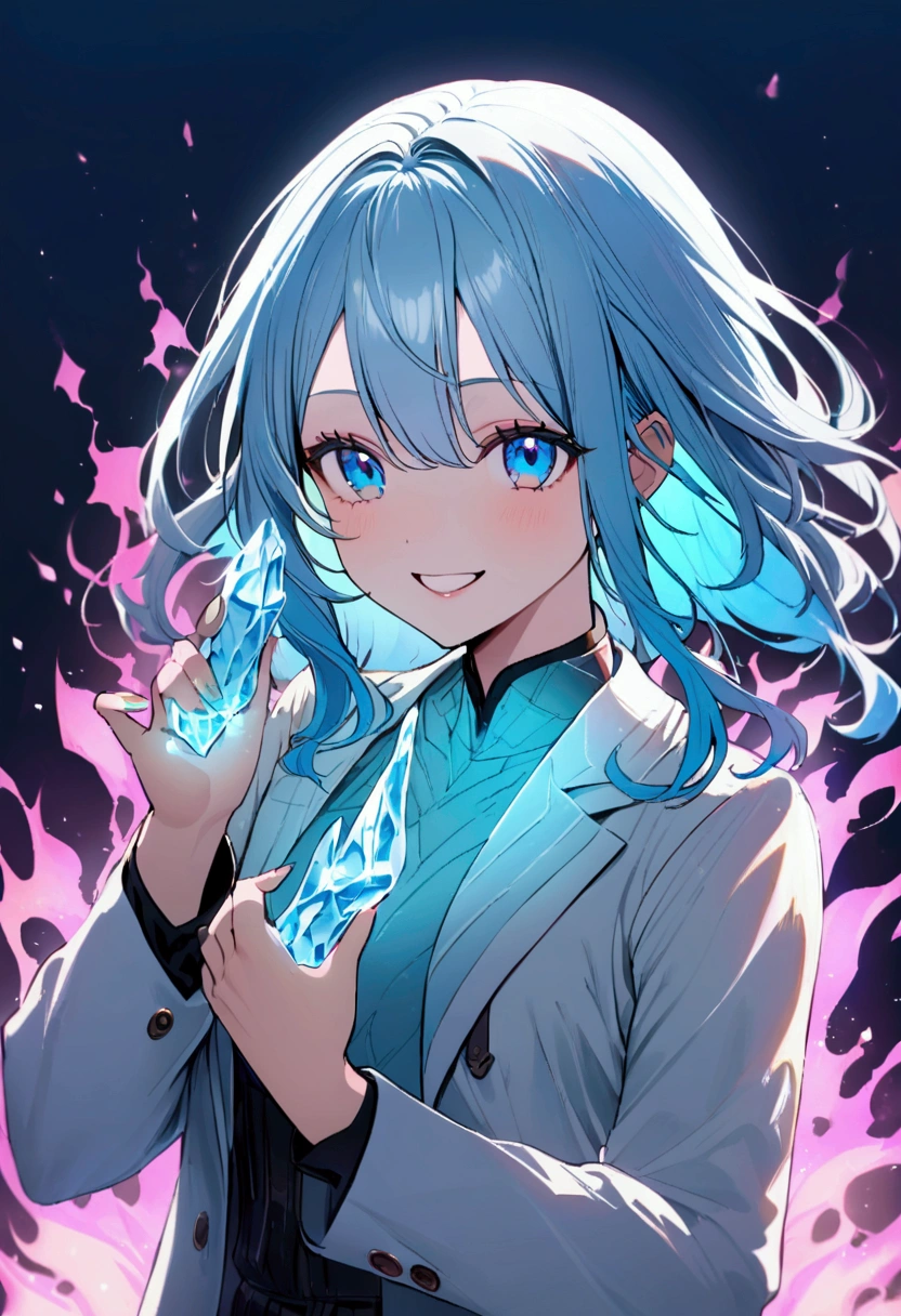 girl, tidy hair, medium length hair, multicolored pink and light blue hair, cheerful grin, cerulean blue eyes, white shirt, school blue jacket, blue tattoos on the body, holding an ice bow, aura of ice