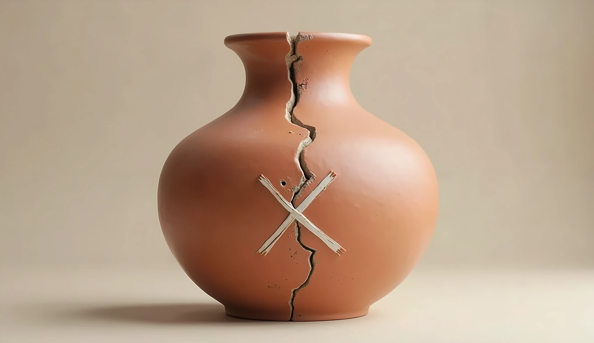 the vase must be terracotta colored/ceramica, with a crack in the transverse, e o rememdo na cor branca em X