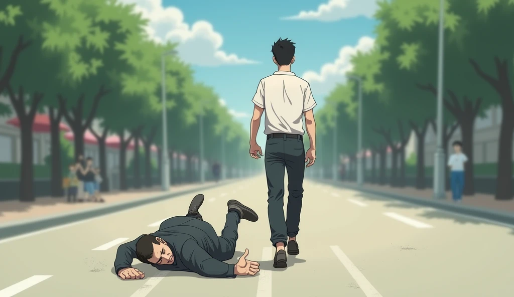 a man with short hair fell down and walked to the back