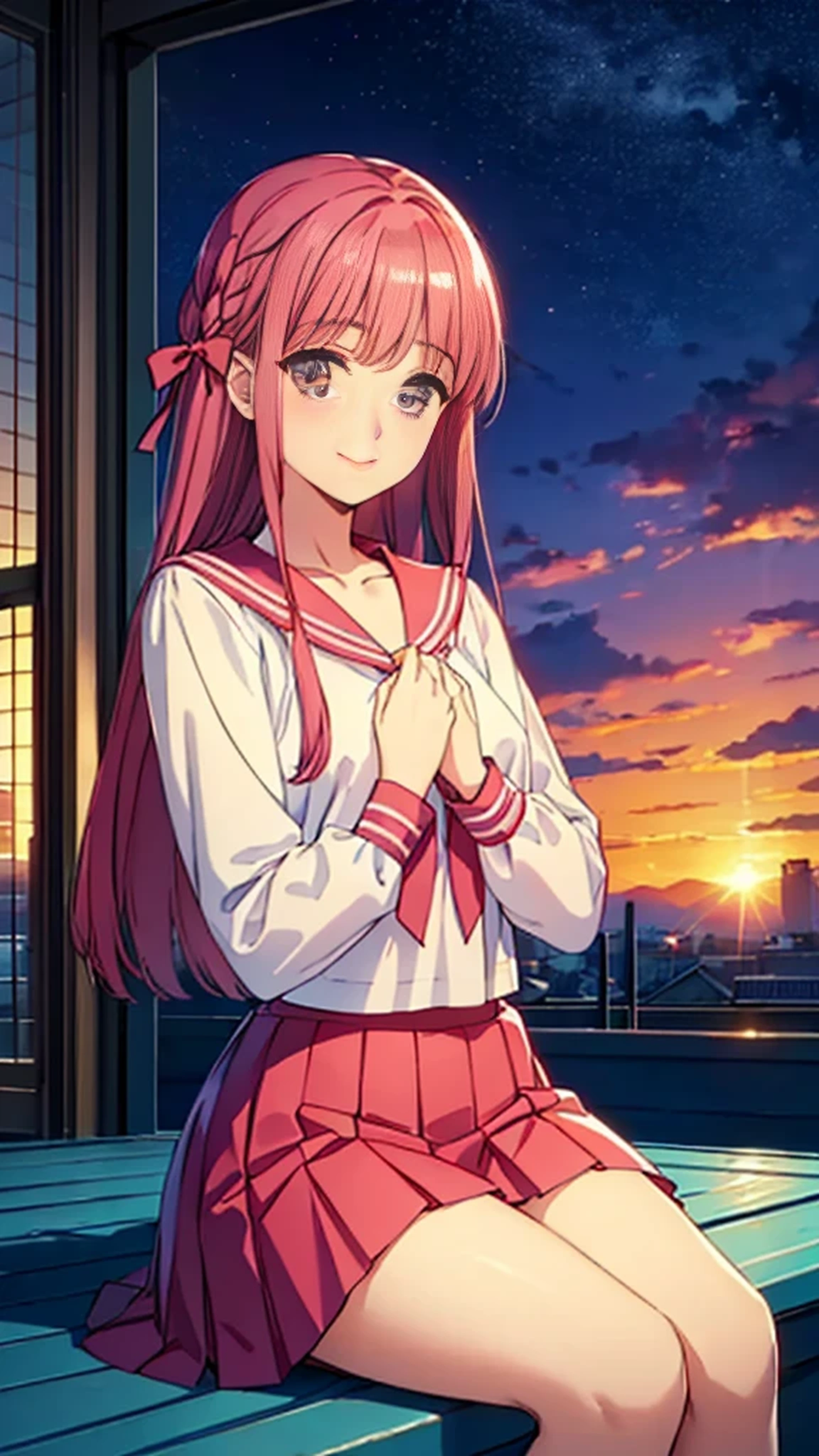 Highest quality, (masterpiece:1.2), Very detailed, A siren in the form of a very beautiful girl is sitting., (((Beautiful long, Very shiny pink hair))), She has a big ribbon in her hair., ((Pink Sailor Suit)), ((Pink pleated skirt)), Silk ivory blouse, Puff sleeves with ivory ribbon, Smile at your audience, ((so beautiful, detailed, Clear pink eyes)), Laughter, Big ribbon bow tie, An elegant and gentle expression like a noble princess, (( (Winter Night、With the sunset and the fence behind、Receiving a confession on the school rooftop。I got closest to that smile:1.1)), (Place your hands on your chest:1.3), Two Arms, (cinematic angle:1.1),