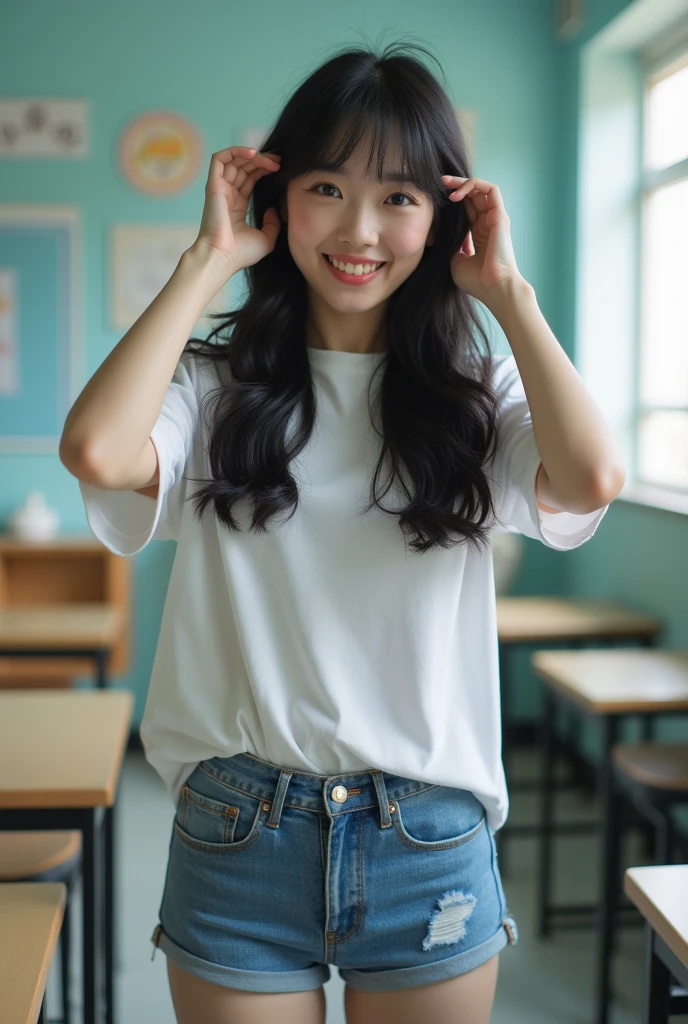 female,Korean high school student, dressed in, Inside the school, Pants are off, black hair ,excited,Masturbating