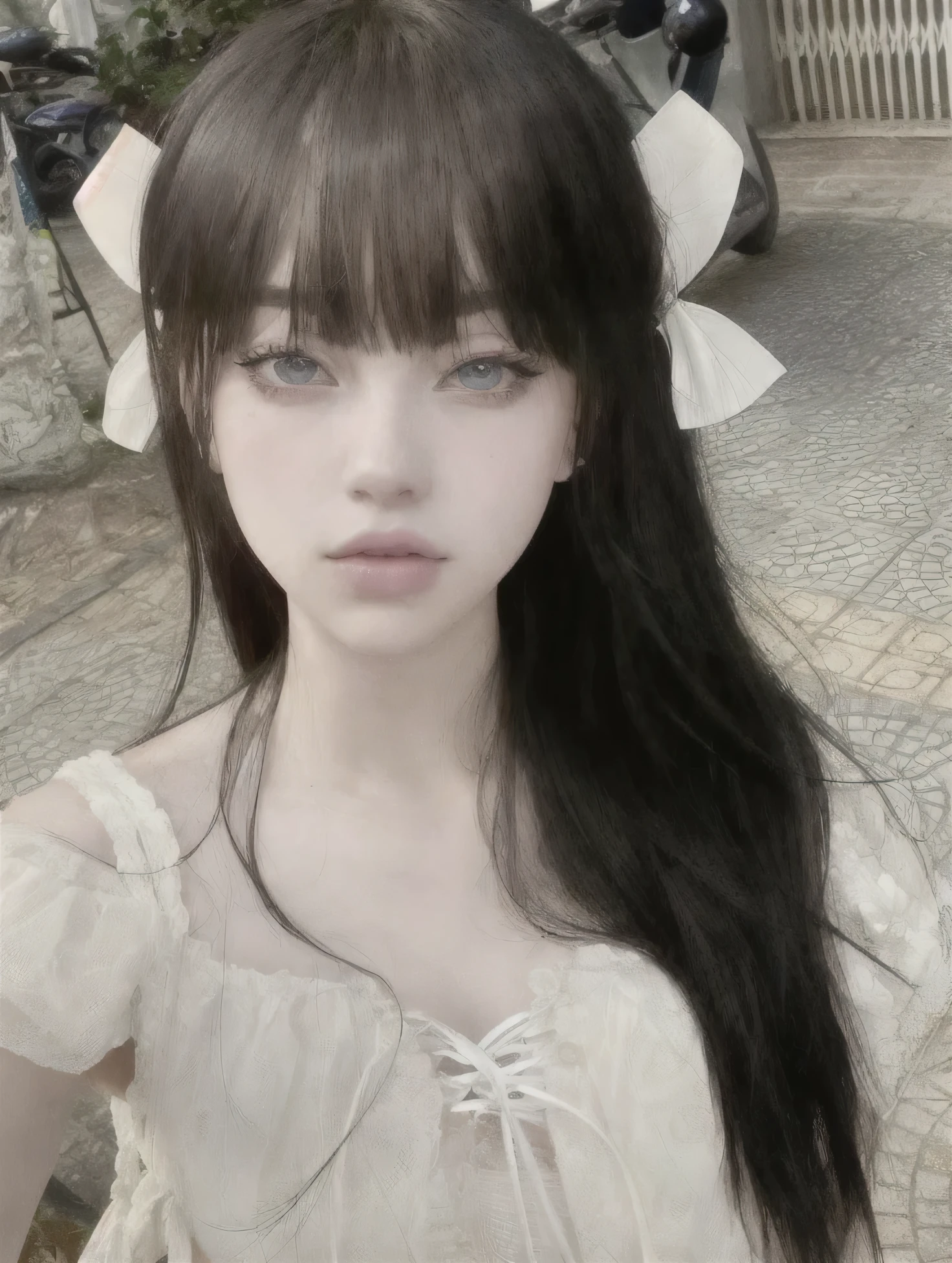 21 year old girl, hair blue, young, Long hair, Asian, uncovered white clothing, loose hair, fringe, blue eye, green eye, medium lips, High resolution, masterpiece, detail, breasts, Hoop Earrings, Closed mouth, X-shaped pupils, simple background, Hairpods, noseCabello lacio, Flequillo de lado, Flequillo de lado, cabello azul, mujer, adulta, billie eilish face