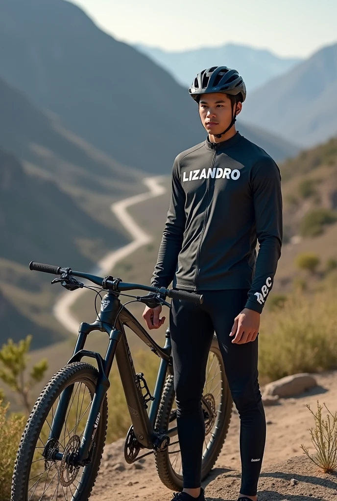 Create a person who wears the name Lizandro on his clothes and has a downhill bike in front of him.