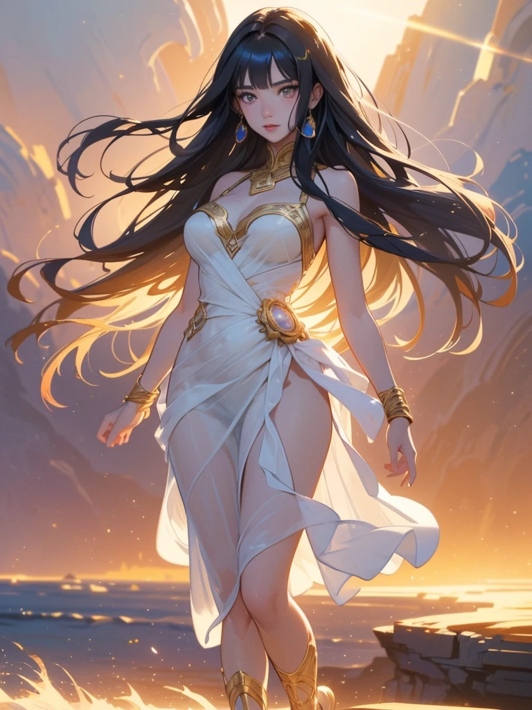 20 years old, with long black hair down to her waist, golden eyes. She wears jewelry and dresses in an antique style, donning a long white dress with golden details. She wears elegant gladiator sandals. She possesses golden powers and has a golden-themed background. Whole body, (ultra realistic), {Extremely detailed CG unit 8k wallpaper}, expansive landscape photography, (A view from below that shows the greatness of the character, wide open field view), (low angle shot), (light: 2.0), (warm light source: 1.5), Complex details, (Iridescent colors: 1.5), (bright lighting), (atmospheric lighting), surreal, Awesome, fancy, (Alone: 1.2)