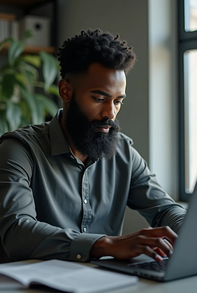 A black web developer with curly hair and full long beard working on a laptop