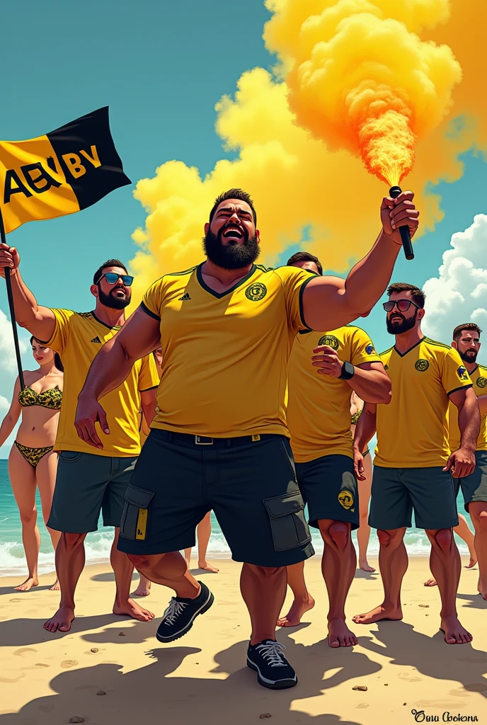 Image, illustration cartoons d’un groupe de supporters, hommes, de style ultra hooligans à la plage, en short jaune et noir, avec des fumigènes jaune et noir dans la main et des drapeaux à damier jaune et noir, inscrit « Rouen » des femmes en bikini, jaunes et noirs sont à leur côté