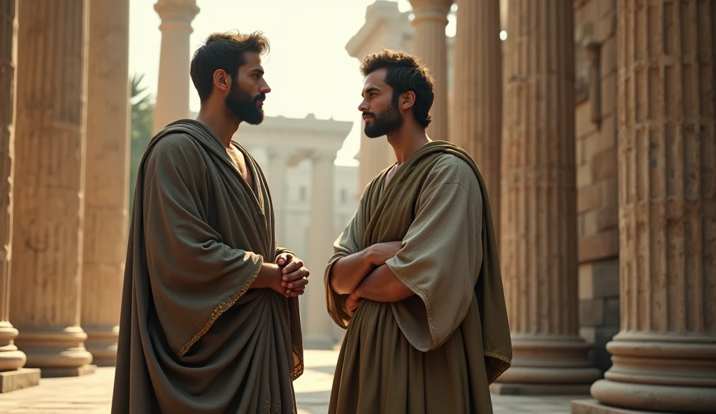 A male stoic philosopher with a well-proportioned, attractive physique stands in a grand Roman forum, engaged in a conversation with a trusted companion. The philosopher is dressed in classic tunics in muted earthy tones—grey, brown, and olive green—with subtle gold or copper accents. The scene features majestic Doric columns and ancient stone buildings bathed in soft, golden light, reflecting the warmth and trust of their interaction. The rich textures and architectural details of the Roman setting enhance the sense of historical authenticity and philosophical discourse.