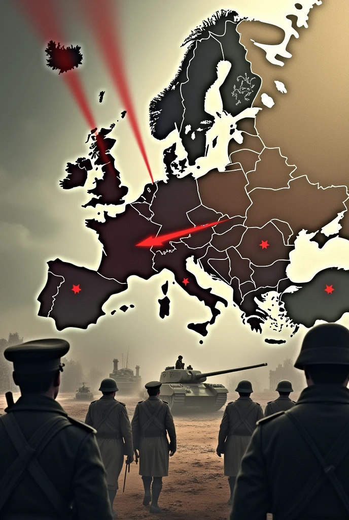 An intense, dramatic scene showing the outbreak of World War II. Highlight a map of Europe with red arrows indicating Nazi Germany's aggressive invasions. Tanks, soldiers in WWII-era uniforms, and bombed-out cities should be depicted, representing the global scale of destruction caused by Hitler's actions."