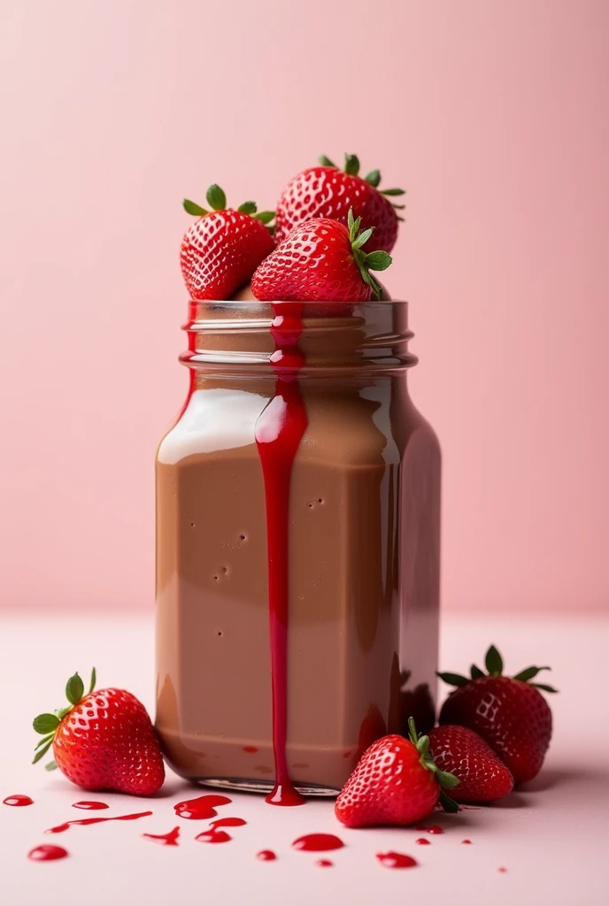 Image of a rectangular jar with a lid of 1 litre chocolate ice cream with 6 whole strawberries on top and strawberry syrup