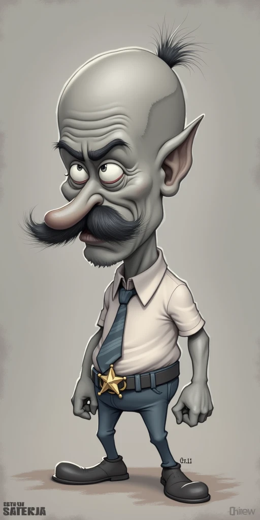 a cartoon guy that is a angry boss, (colorful design:1.4), (Butch Hartman STYLE:1.5), bald with a big nose and big mustache,your shirt is white and your pants are blue, he wears a striped tie, has only two hairs, (your nose is pointy and large and goes down from the eyebrow:1.5), (nose references: (Lord Farquaad:1.6),(Sideshow Bob - simpsons),(Nigel Thornberry),(Mr. Crocker:1.6)), their nostrils are hairy and very prominent, her body is small and she has thin legs, your eyebrows are thick and expressive, Your body is shaped like the minions,your little ears are small, its head is elongated and larger than the body, ele usa um cinto e estrela de sheriff, your shoes are well polished