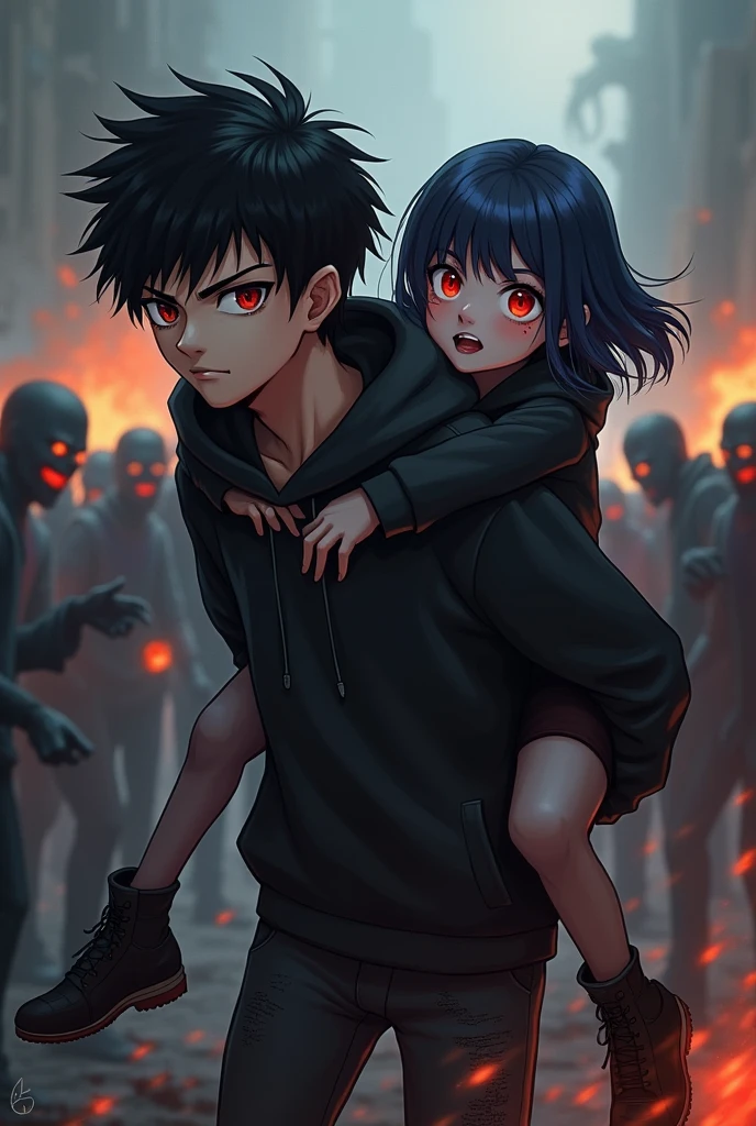 A boy ((( boy , Spiky hair , black hair , black hoodie , blood red eyes , narrowed eye , bleeding on the cheeck ))) , A girl ((( girl , dark blue hair , modern day mullet hair style , black hoodie , red eyes , almond eye ))) , boy carrying girl , girl behind boy , piggy back ride , dark background , fire in background , destructive background , surrounded by zombies