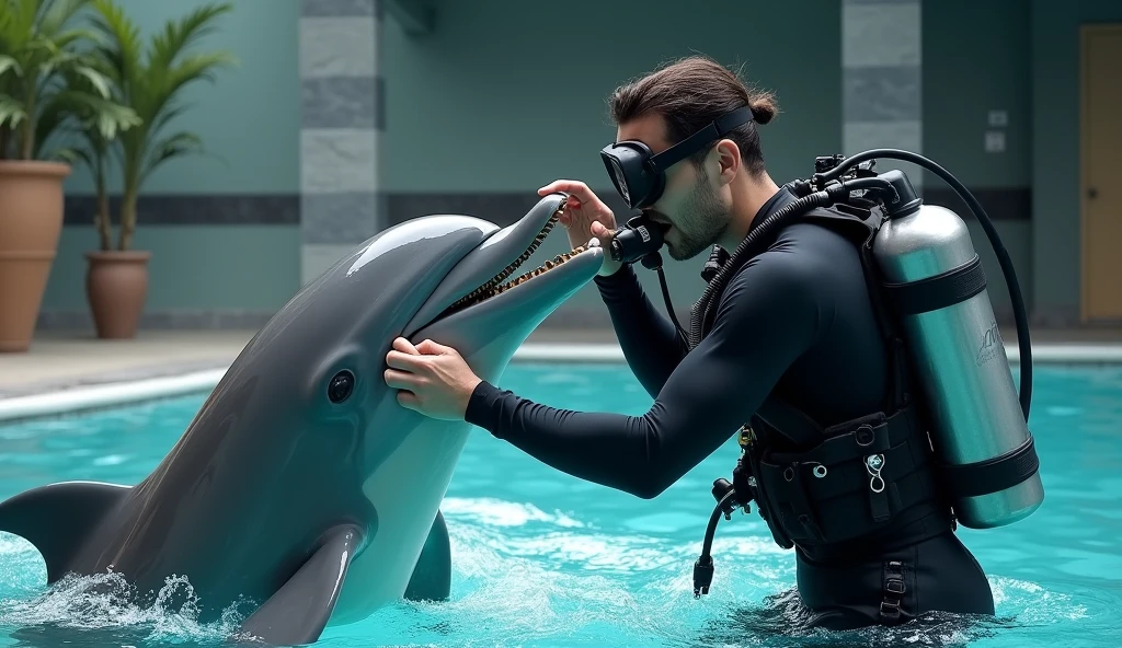 A man is trying to force open a dolphin&#39;s mouth、Location: Pool、high resolution、Man is wearing scuba diving clothes、Humans are women、There is only one human being