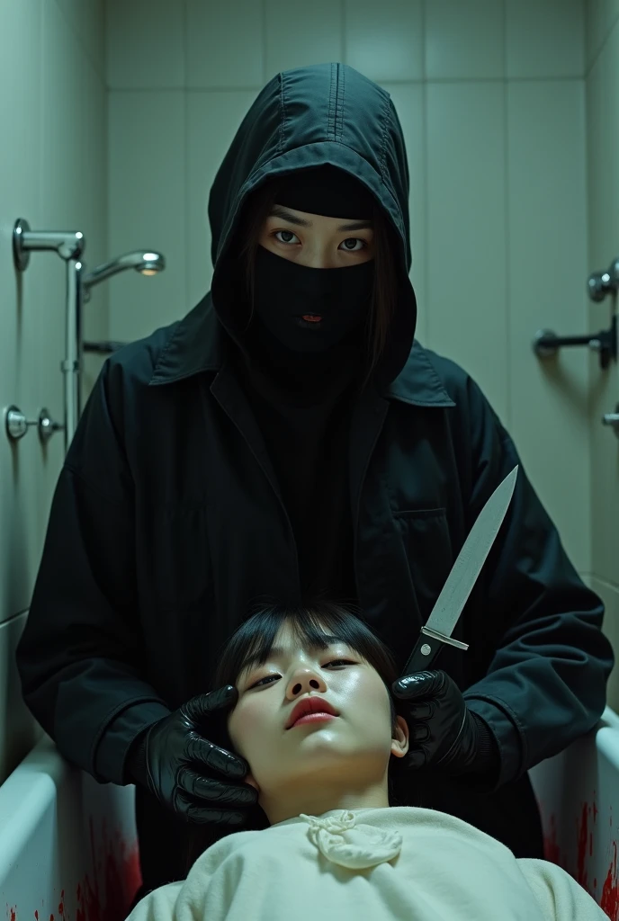 
korean girl, (behind stiff, black balaclava mask), holding knife, stabbing, black leather gloves, bath room, black raincoat, girl only, holding knife, leather gloves, woman on top, behind cadaver, looking at viewer, blood splatter, night, mass murderer, killer, blood splatter, tripod and camera in the back, shooting with camera




