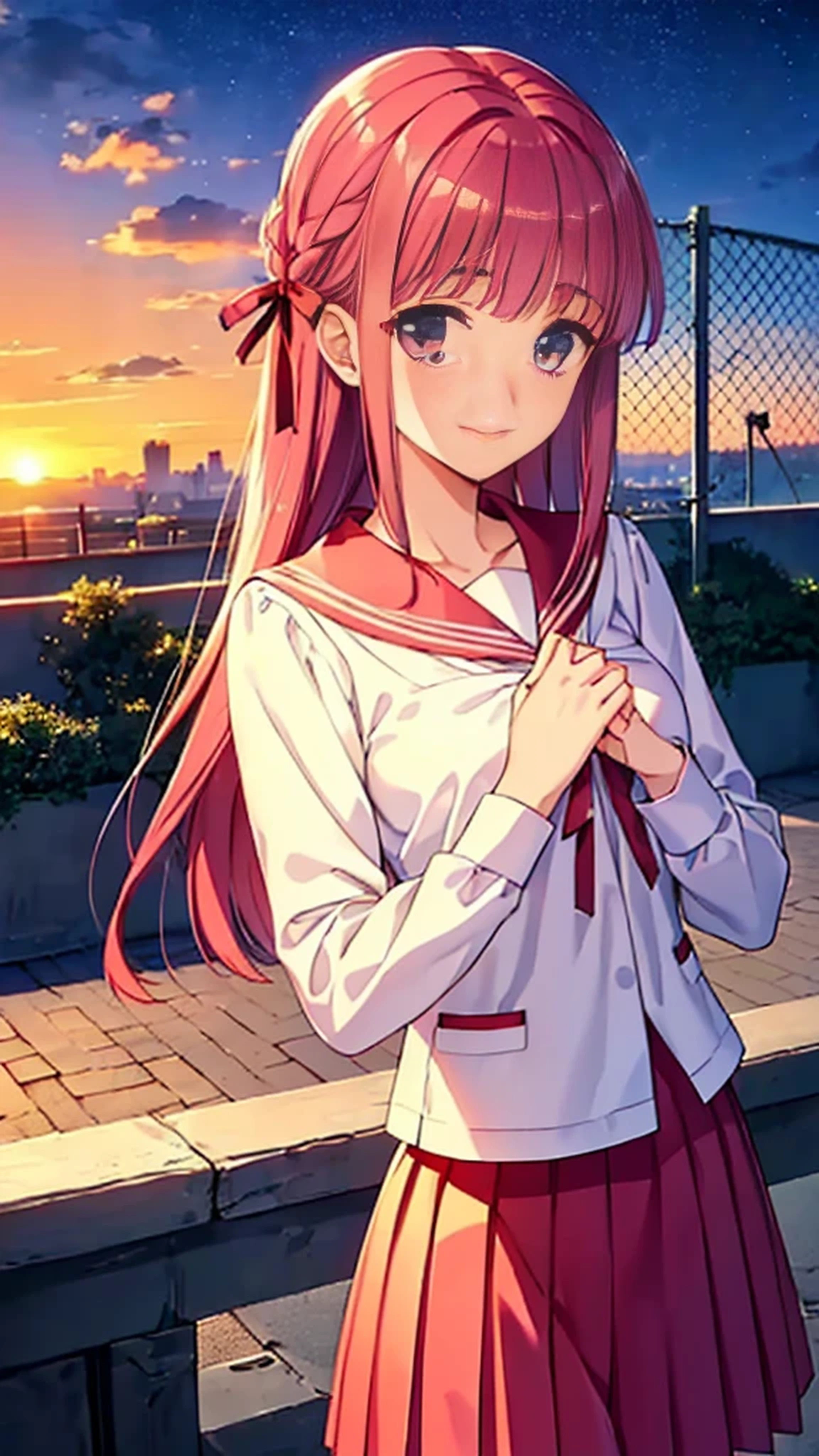 Highest quality, (masterpiece:1.2), Very detailed, Siren, in the form of a very beautiful girl, stands., (((Beautiful long, Very shiny pink hair))), She has a big ribbon in her hair., ((Pink Sailor Suit)), ((Pink pleated skirt)), Silk ivory blouse, Puff sleeves with ivory ribbon, Smile at your audience, ((so beautiful, detailed, Clear pink eyes)), Laughter, Big ribbon bow tie, An elegant and gentle expression like a noble princess, (( (Winter Night、With the sunset and the fence behind、Receiving a confession on the school rooftop。I got closest to that smile:1.1)), (Place your hands on your chest:1.3), Two Arms, (cinematic angle:1.1),