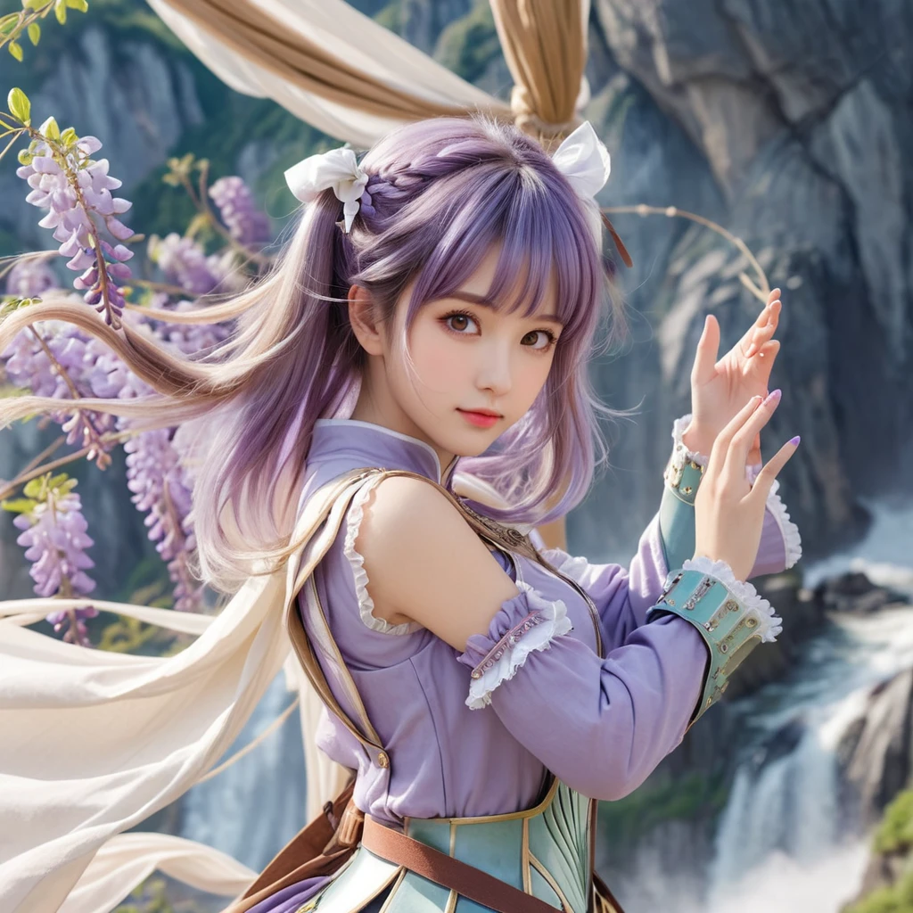 close up face, best quality, masterpiece, extremely beautiful and tender girl, Elegant Pose, small smile, beautiful tender eyes symmetrical, (beautiful and detailed face), beautiful long (twintail) hair, (wisteria purple hair:1.3), blunt bangs, nice hands, perfect hands, a lot of frills,
BREAK
(Illustration of a female knight controlling the wind。The characters are dressed in light and beautifully designed armor.、The light green and blue tones give a feeling of wind.。(There are multiple tornadoes around her)。Her hair and cape fluttering in the wind、He has a sharp expression that cuts through the air.。In the background are high cliffs and vast windswept plains.。)