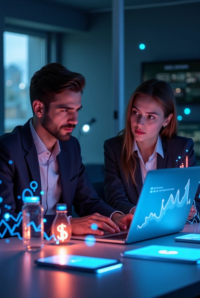 A modern, vibrant design featuring a professional man with beard and moustache in coat suit with a smartphone on table  and a professional girl in coat suit with a smartphone on table and looking at laptop, in screen of laptop showing online Buisness income (late teens to early twenties) sitting in front of a laptop, surrounded by symbols of online success (e.g., a growing graph, a smartphone with a rising arrow, a tablet with a dollar sign). The background could be a subtle gradient of a office room black and whites, conveying a sense of technology and innovation.