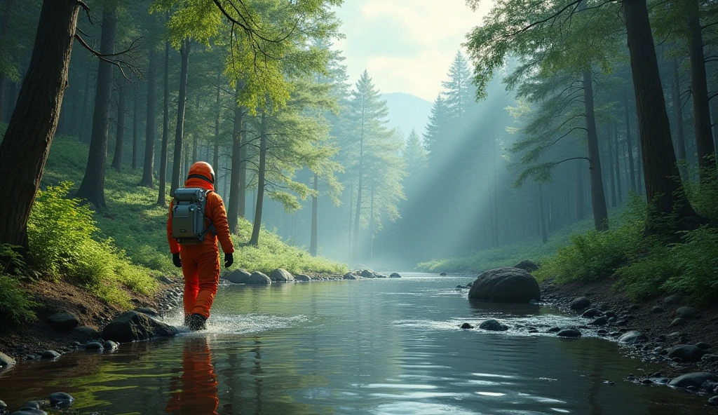 (masterpiece:1.2,of the highest quality,Super detailed,realist,Ultra high resolution camera),8k,Wallpaper,(NASA astronaut in orange suit walks in river with forest on side),(pandora forest and river :2.0),(pandora forest, virgin forest and a river 2.0), Landscape painting,dynamic
