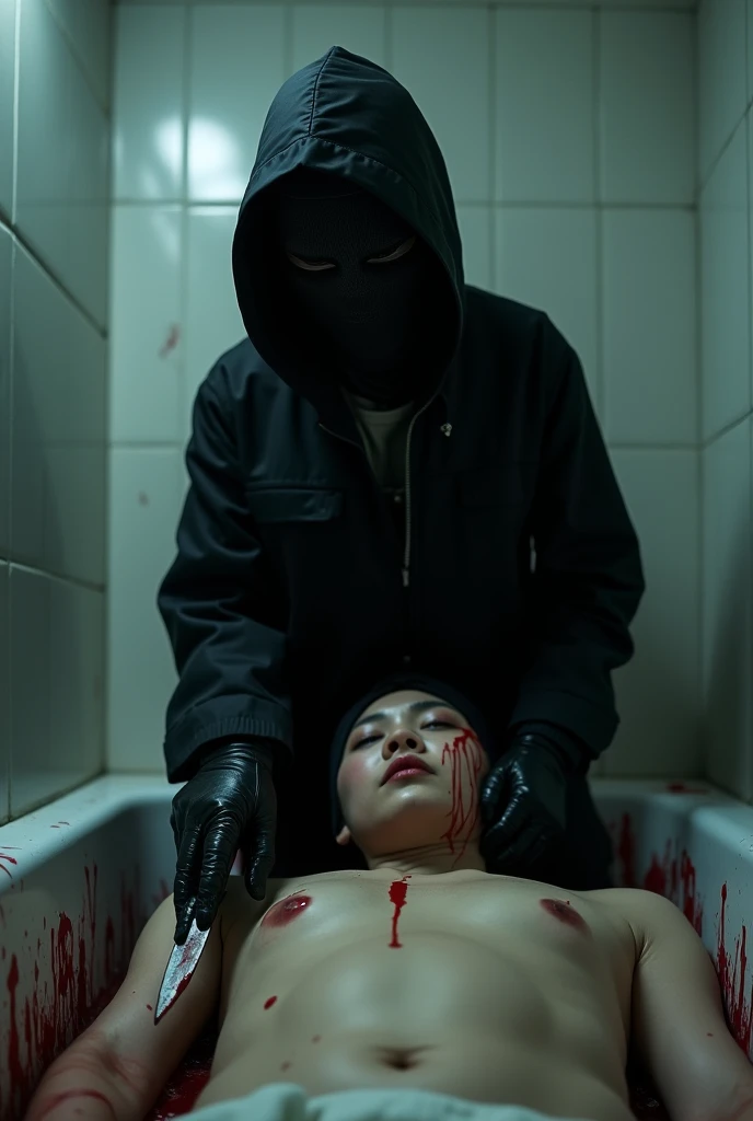 korean girl, (behind stiff, black balaclava mask), holding knife, stabbing, black leather gloves, bath room, black raincoat, girl only, holding knife, leather gloves, woman on top, behind cadaver, looking at viewer, blood splatter, night, mass murderer, killer, blood splatter, tripod and camera in the back, shooting with camera
