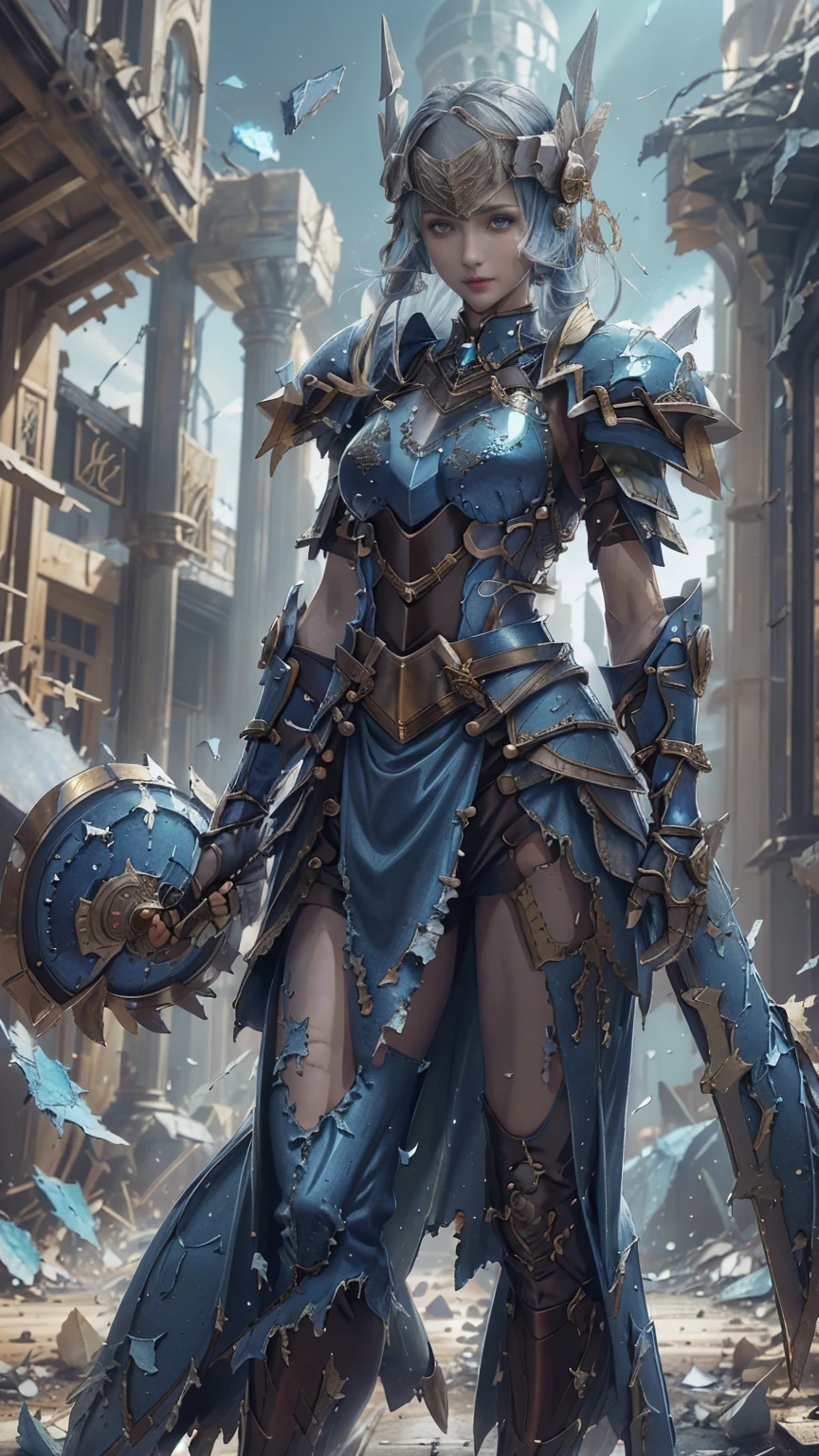 Lenneth from 'Valkyrie profile', blue plate mech4rmor, blue breastplate armor (broken/damaged), (damaged armor exposing random skin:1.37), thigh cutout, long skirt,belt,white head ornament,
standing,upper body,arms behind back,
light smile,
plains,castle,
(insanely detailed,  masterpiece, best quality),solo, 