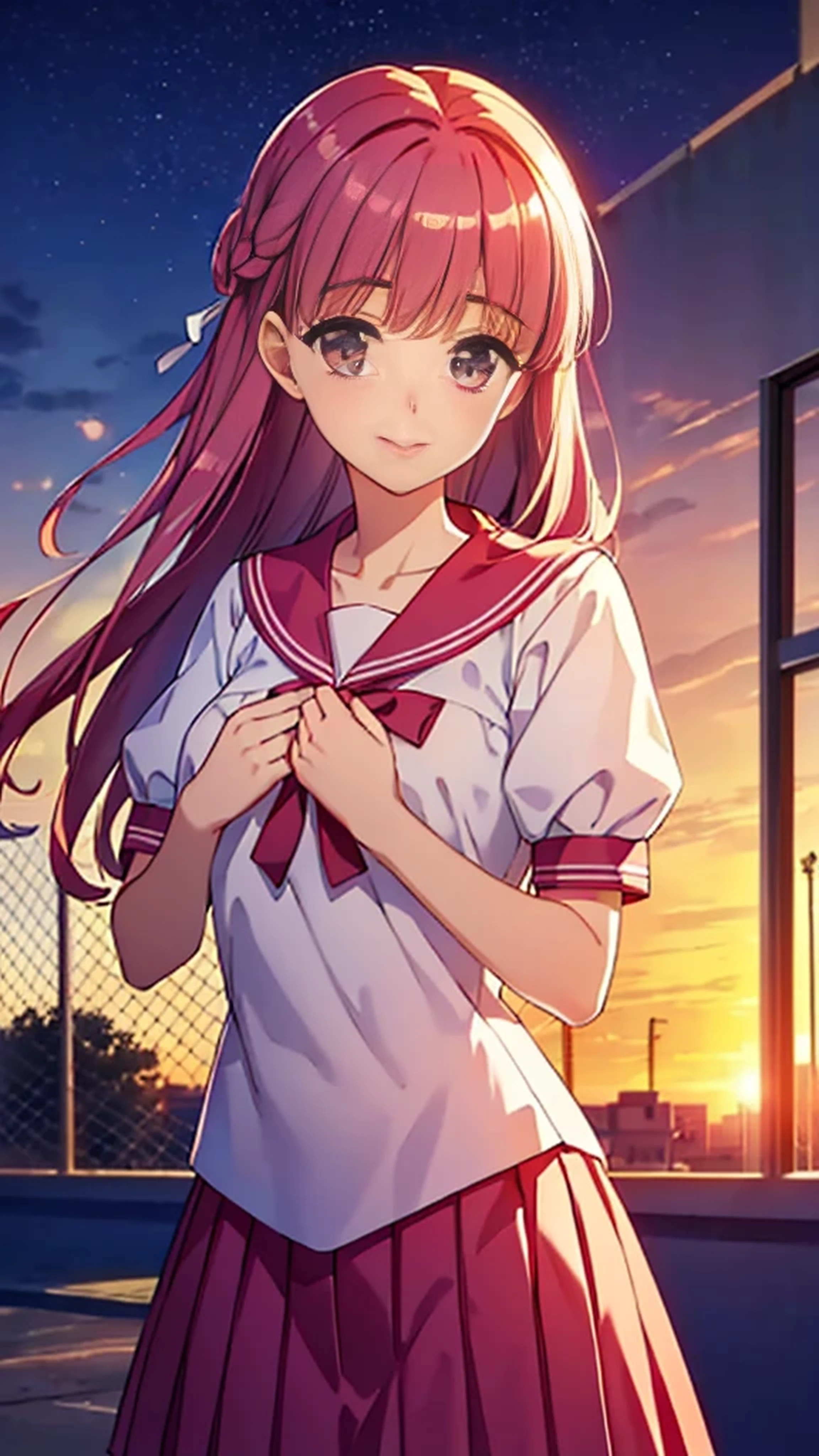 Highest quality, (masterpiece:1.2), Very detailed, Siren, in the form of a very beautiful girl, stands., (((Beautiful long, Very shiny pink hair))), She has a big ribbon in her hair., ((Pink Sailor Suit)), ((Pink pleated skirt)), Silk ivory blouse, Puff sleeves with ivory ribbon, Smile at your audience, ((so beautiful, detailed, Clear pink eyes)), Laughter, Big ribbon bow tie, An elegant and gentle expression like a noble princess, (( (Winter Night、With the sunset and the fence behind、Receiving a confession on the school rooftop。I got closest to that smile:1.1)), (Place your hands on your chest:1.3), Two Arms, (cinematic angle:1.1),