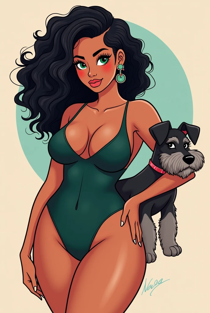Logo for a clothing company nali bodysuits"WORDS THAT HAVE TO GO IN THE IMAGE "which has with:
1. a chubby woman with green eyes, in one ear full of earrings and black hair 2. pet a schnauzer breed dog named nala