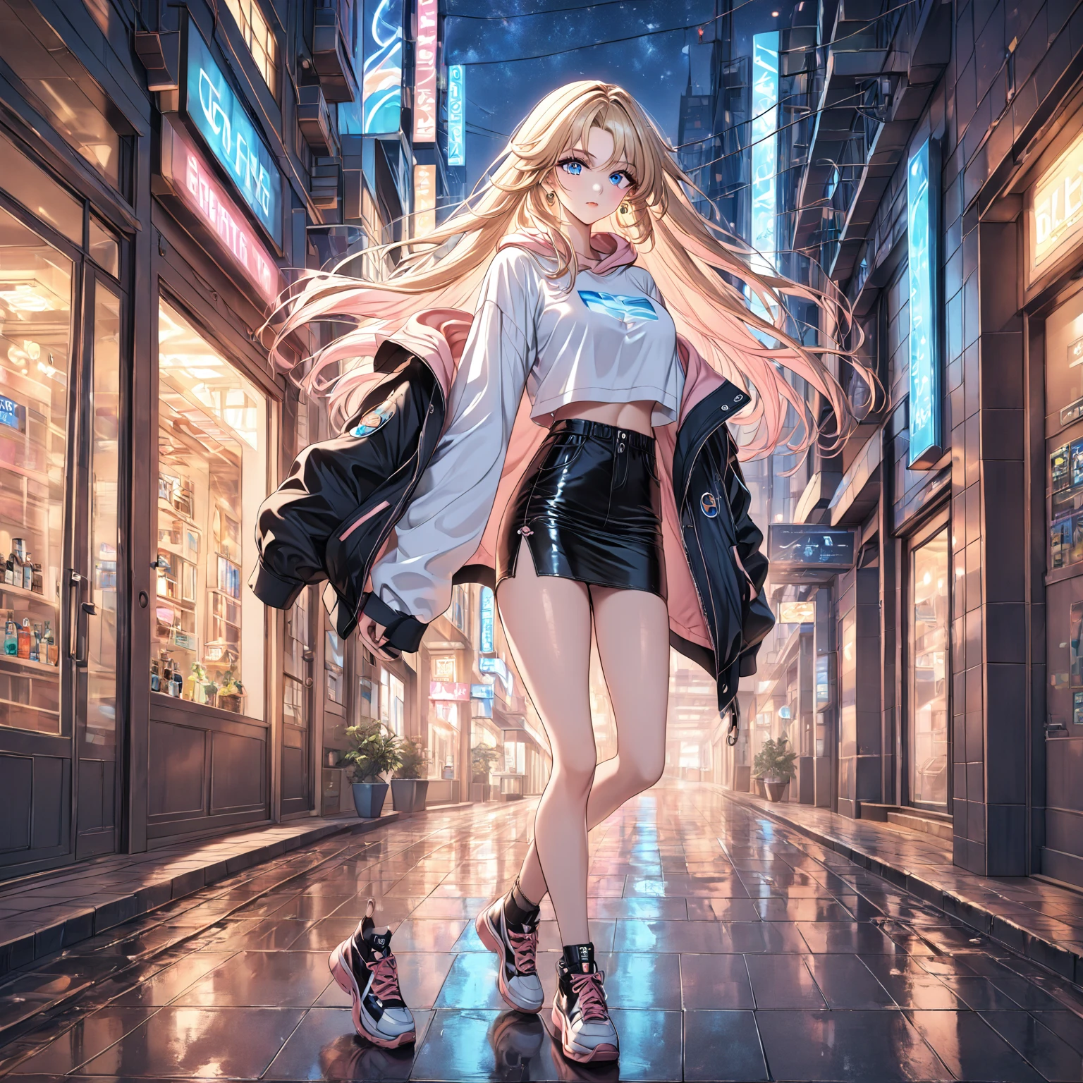 Princess Peach, 1 woman, blue eyes, straight blonde hair, long hair over her breasts, street clothes, low-cut shirt, science fiction. Futuristic, night, dark, sensual body. Long eyelashes, detailed face, beautiful, sensual face. Sweatshirt, hood. fixed gaze, full body. beautiful body, sensual.