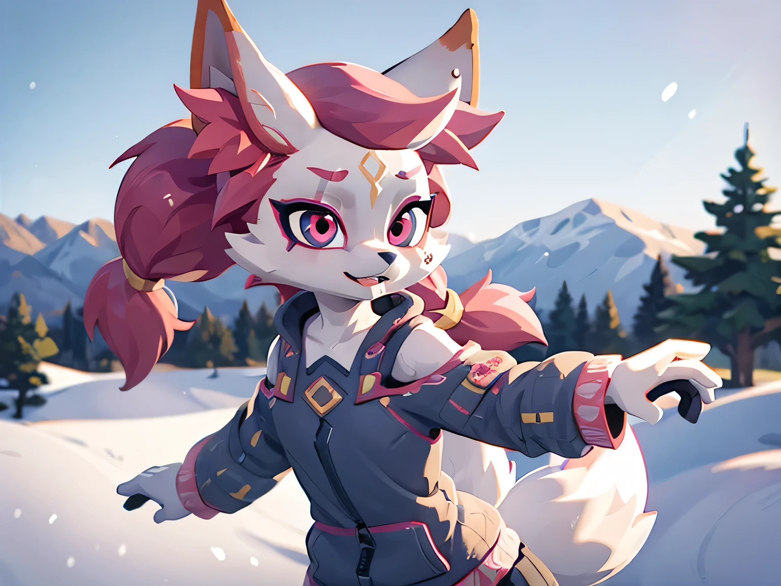kimiko, furry female anthro, fox girl, multiple tails, solo, short ponytail, scar on the eye, detailed face, masterpiece, dressed, warm winter clothes, snowy day, snow, jump