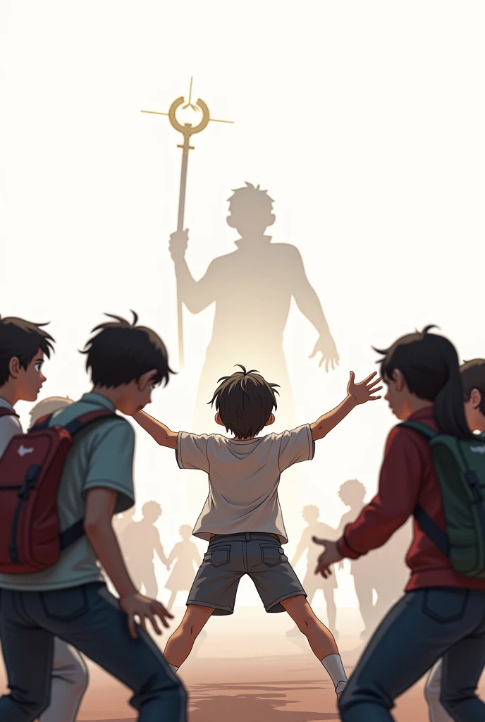 Pure white background，Several tall children surrounded a weak classmate，Just about to start。Another classmate（main character）Bravely stand in front of weak classmates，Open your arms，Angry expression。Behind him，There is a vague outline of the Monkey King，The golden hoop stick is slightly raised，As if ready to strike at any time。