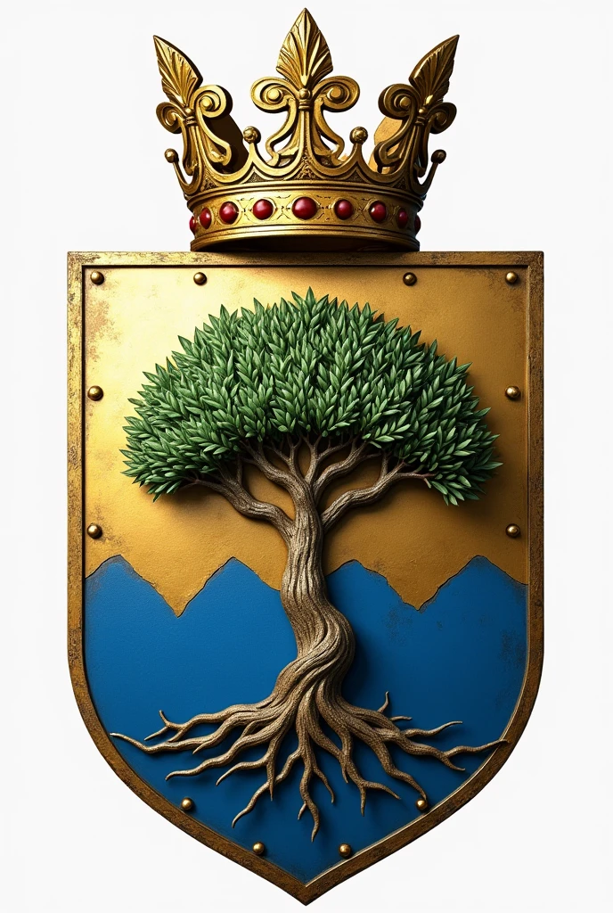 Draw a classic shield-shaped coat of arms. No centro do escudo, place a stylized plate in a silver or gray color, symbolizing a solid foundation. On top of the plate, put a green olive tree, with detailed leaves and sturdy branches, representing peace and prosperity. At the top of the shield, add a golden crown with ornate details, symbolizing royalty and nobility. The bottom of the shield must be divided into two parts: the left half in blue, and the right is blank, representing balance and serenity.