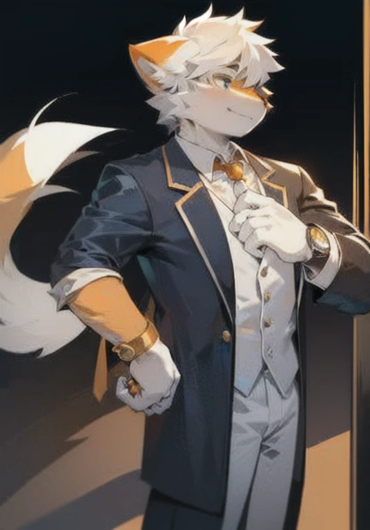 high quality,masterpiece,White fur,Orange fur,Handsome,hansome,Silver hair,White male cat,Wearing a suit,full-body shot,stand up,,With watch