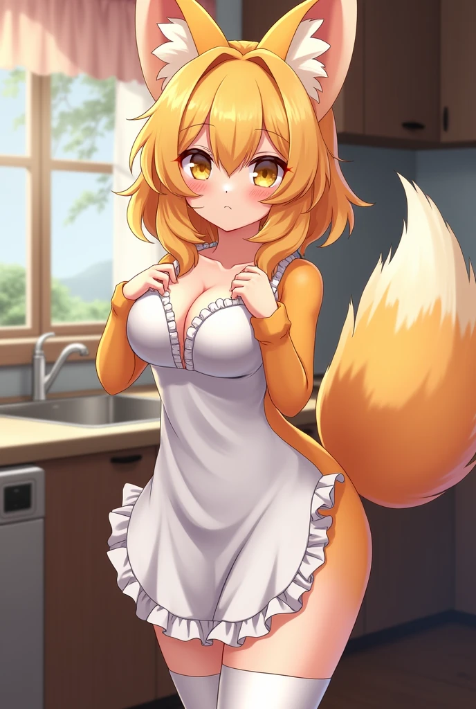 best quality,best resolution,(fluffy anthro furry :1.6),(young :1.6),solo,gold orange hair fox girl,long hair,wavy hair,gold orange fur,small breasts,white naked apron,raffles,white stockings,cute pantie,shy face,horny smile,horny eyes,close one eye,full face blush,beautiful kitchen,right hand rift up apron,sexy pose, furry, cuerpo lleno de pelaje 