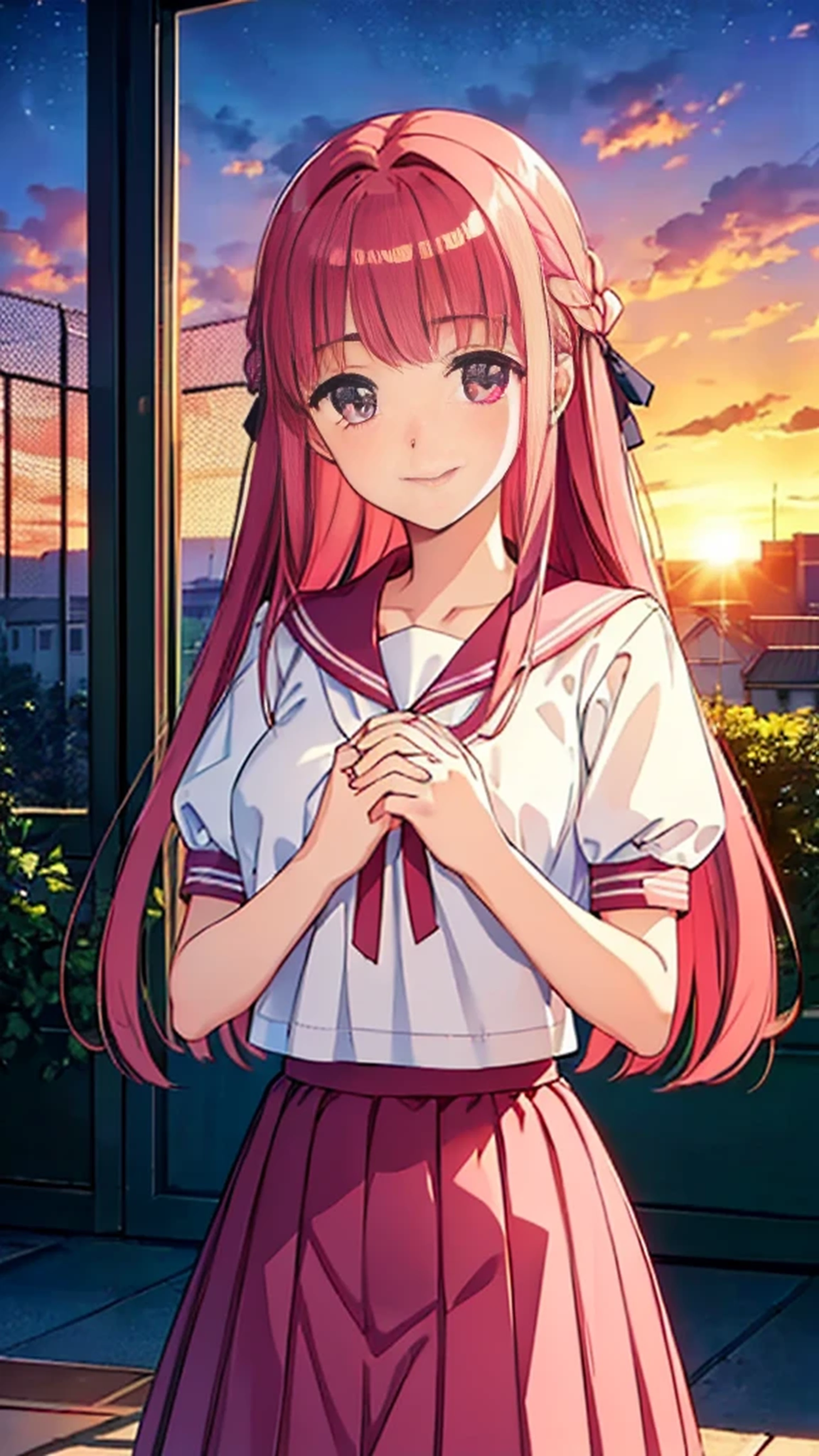 Highest quality, (masterpiece:1.2), Very detailed, Siren, in the form of a very beautiful girl, stands., (((Beautiful long, Very shiny pink hair))), She has a big ribbon in her hair., ((Pink Sailor Suit)), ((Pink pleated skirt)), Silk ivory blouse, Puff sleeves with ivory ribbon, Smile at your audience, ((so beautiful, detailed, Clear pink eyes)), Laughter, Big ribbon bow tie, An elegant and gentle expression like a noble princess, (( (Winter Night、With the sunset and the fence behind、Receiving a confession on the school rooftop。I got closest to that smile:1.1)), (Place your hands on your chest:1.3), Two Arms, (cinematic angle:1.1),